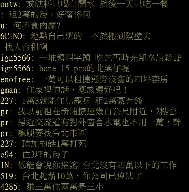 網友認為，如果月薪4萬，住房開銷花費2萬元的租屋選擇太過奢侈。翻攝自論壇PTT