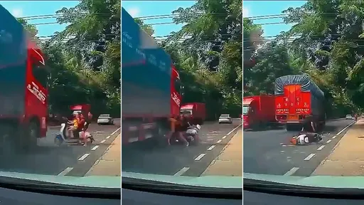 驚悚影片｜3貼機車衝馬路「瞬間剩1個」　大貨車捲殺！網嘆：下輩子注意吧