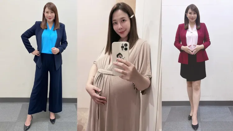 秦綾謙懷孕近7個月時拍下照片：「別懷疑，這三張照片，褲裝和孕婦裝是同一天拍的，另一張窄裙照也只差一天喔！」翻攝秦綾謙臉書