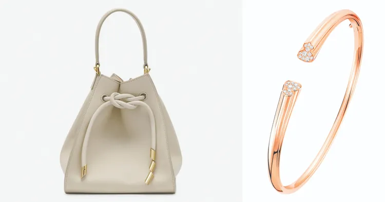 微風南山週年慶獨家推薦：LANVIN米白色SEQUENCE BAG/價格店洽(圖左)。Qeelin Wulu 18K 玫瑰金鑽石手鐲/推薦價 $204,000(圖右)。