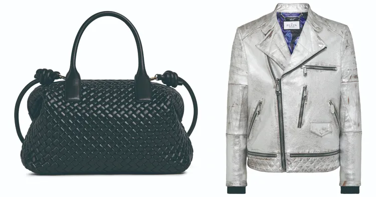 微風南山週年慶首四日獨家：BOTTEGA VENETA BAULETTO編織羊皮襯墊手提包/價格店洽(圖左)。新櫃PHILIPP PLEIN銀色做舊機車外套/價格店洽(圖右)。