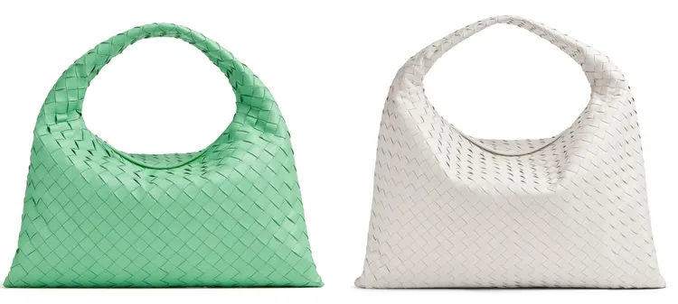 BOTTEGA VENETA全新HOP包明亮藍綠、白色，大型13萬8600元、小型9萬8700元。品牌提供