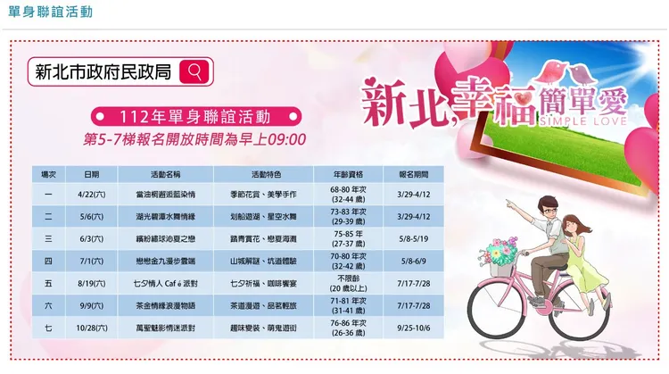 新北市單身聯誼活動滿檔。翻攝新北市政府官網