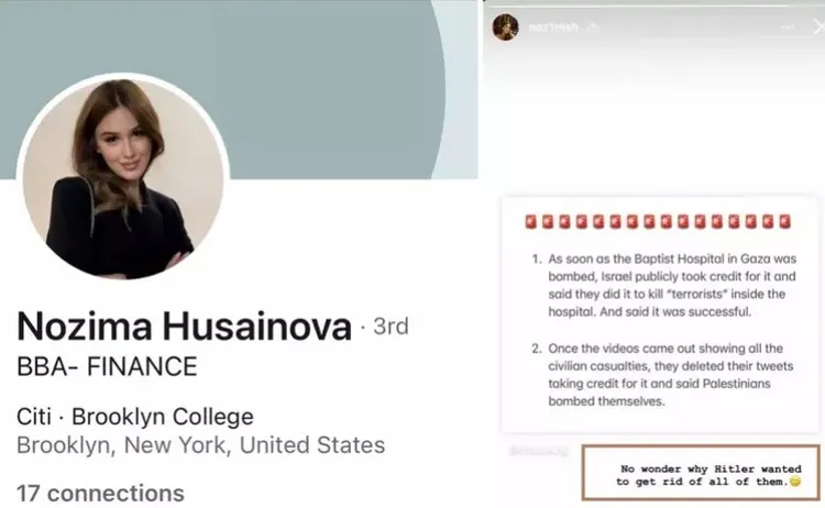 胡聖諾娃在網路貼上以色列要為加薩醫院數百人死亡悲劇負責的截圖，又寫上，「難怪希特勒想要擺脫他們所有人」（右下角紅框），立刻被舉發與開除。翻攝StopAntisemitism