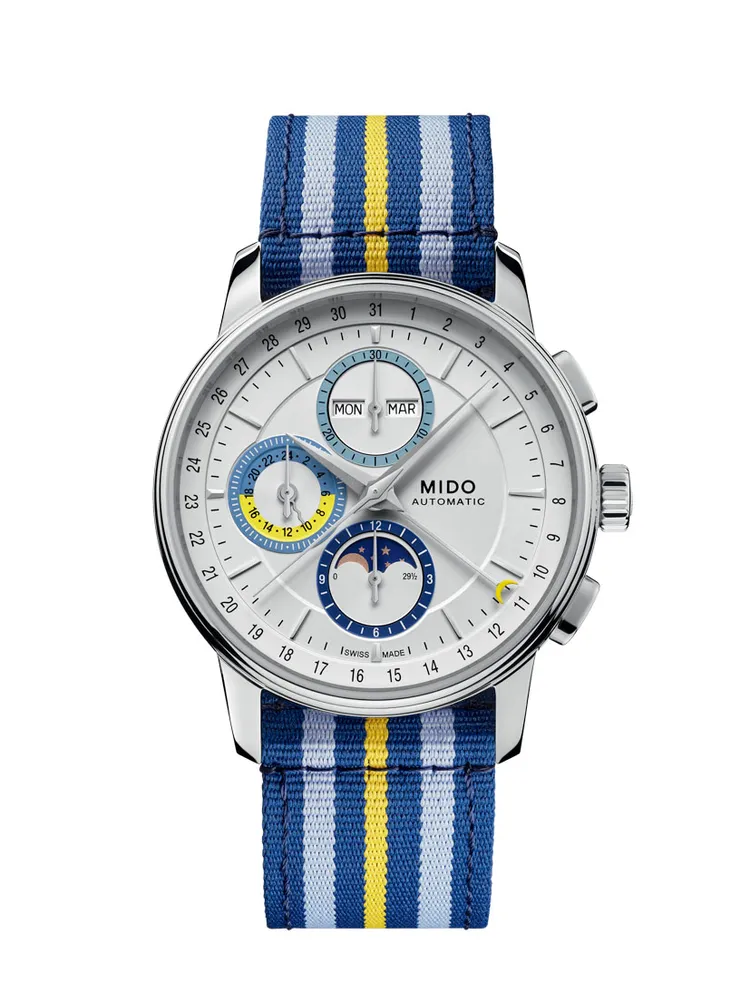 Baroncelli Chronograph Moonphase永恆系列月相計時碼錶，42mm，絲光打磨不銹鋼錶殼，絲光打磨白色錶面，Nato風格織物錶帶，Caliber 60自動上鍊機芯，動力儲存60小時，防水深度30米，9萬元。品牌提供