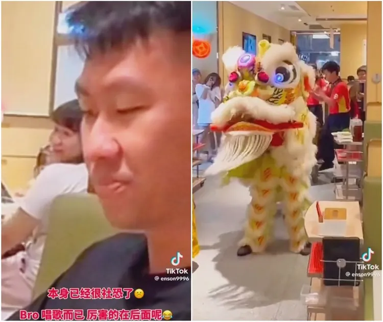 壽星尷尬到嘴角抽搐，沒想到更令他「驚喜」的是還有舞龍舞獅來祝壽。臉書「爆廢公社二館」