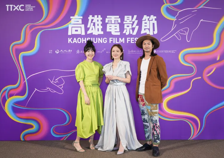 王允之（左起）、尹馨和福地祐介出席高雄電影節首映。高雄電影節提供