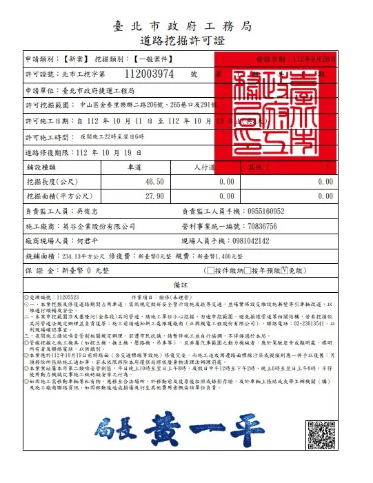 北市工務局核發挖路許可。秦慧珠提供