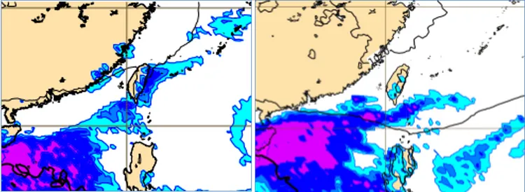 最新(12日20時)歐洲(ECMWF)模式、下週(15)日8時模擬圖顯示，一小股東北風影響，水氣不多，大台北、東北部及東部轉有局部短暫雨(左圖)；下週一(16日)20時模擬圖則顯示，東北風轉乾，山區午後有零星少量降雨(右圖)。翻攝自氣象應用推廣基金會
