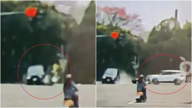 機車男騎士被撞飛後慘遭來不及閃避的橫向行駛車輛輾斃(右圖)。翻攝自臉書爆料公社