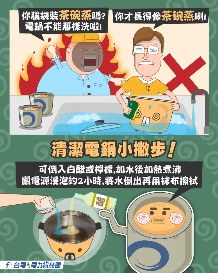 髒了就耗電！洗電鍋千萬別沖水。翻攝台電臉書專頁「台電電力粉絲團 」