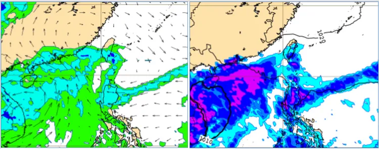 最新(14日20時)歐洲(ECMWF)模式、週二(17日)20時700百帕相對濕度模擬圖顯示，中層雲從南海逐漸移入(左圖)。同時的降水模擬圖則顯示，中南部近山區零星飄雨(右圖)。取自氣象應用推廣基金會