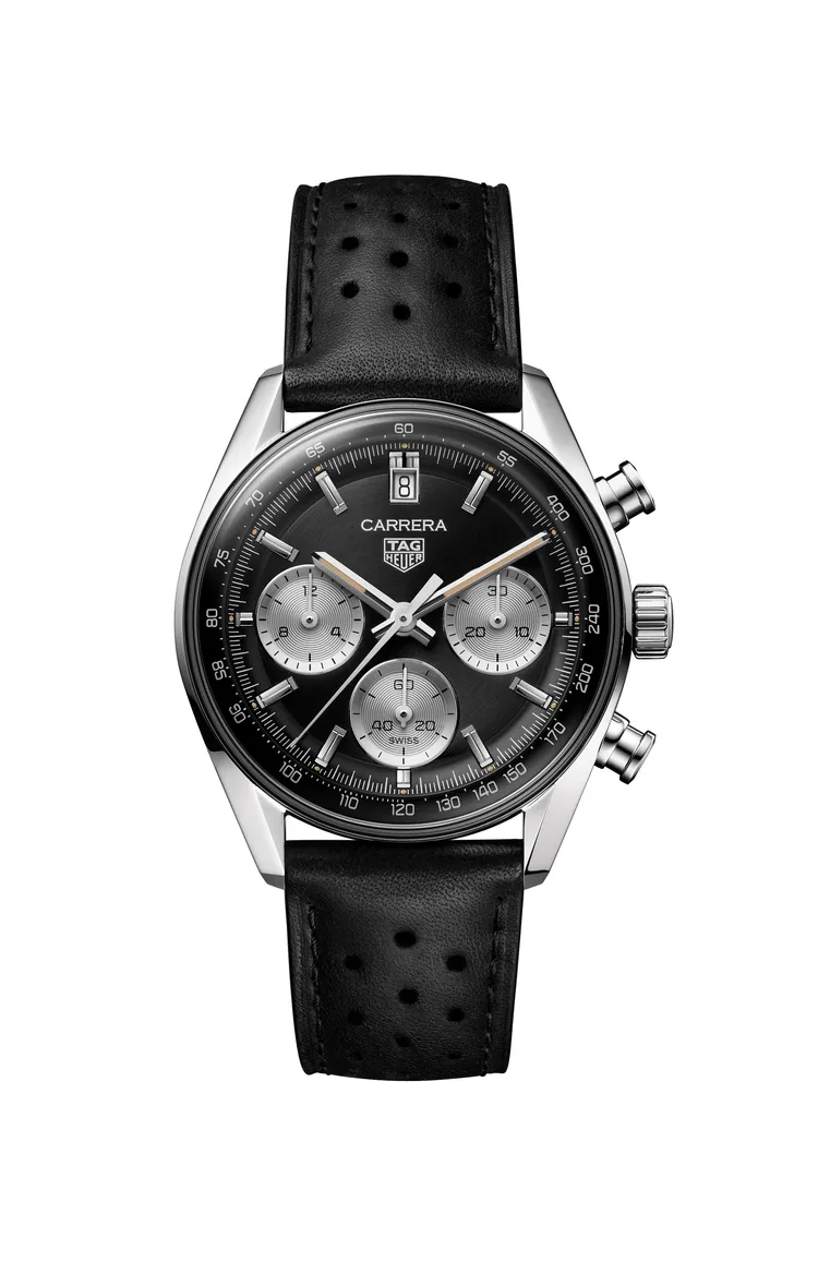 TAG Heuer Carrera Glassbox拱形計時腕錶黑銀面款，21萬2000元。品牌提供