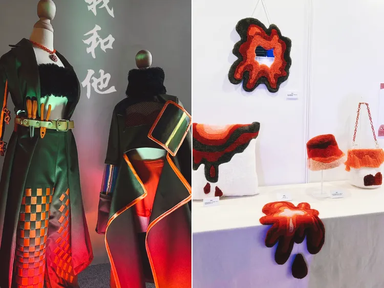 「那個皮工作室」以「探」為主題概念，用服裝設計(左圖)呈現每個人都披著一層保護色，並以時下最夯的地毯槍創作居家小物(右圖)，重新詮釋女性生理意象。青年局提供