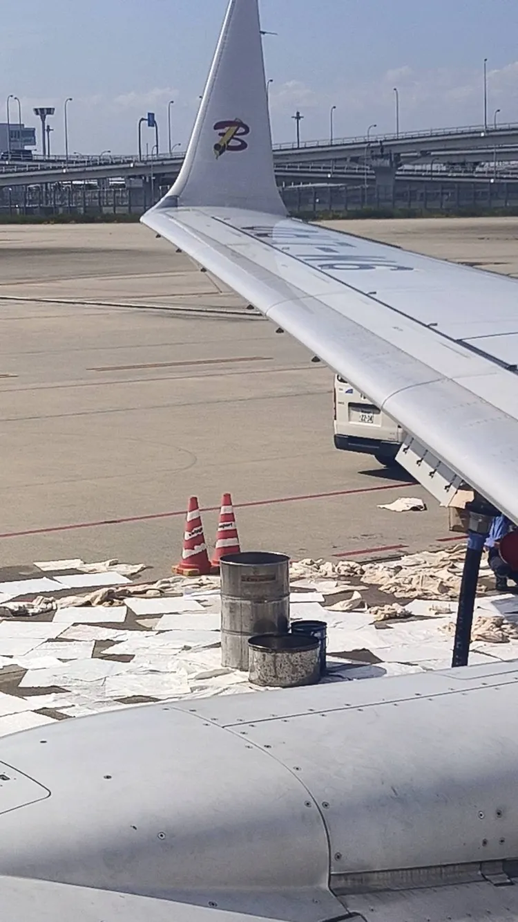 關西機場現場鋪上吸油紙。讀者提供