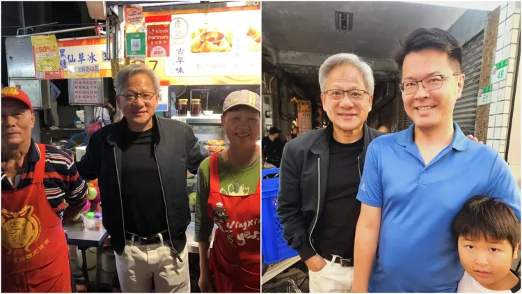 黃仁勳15日現身寧夏夜市大啖美食，親切與攤商、民眾合照。翻攝自臉書「寧夏夜市 詹記水果」、律師陳振瑋授權提供
