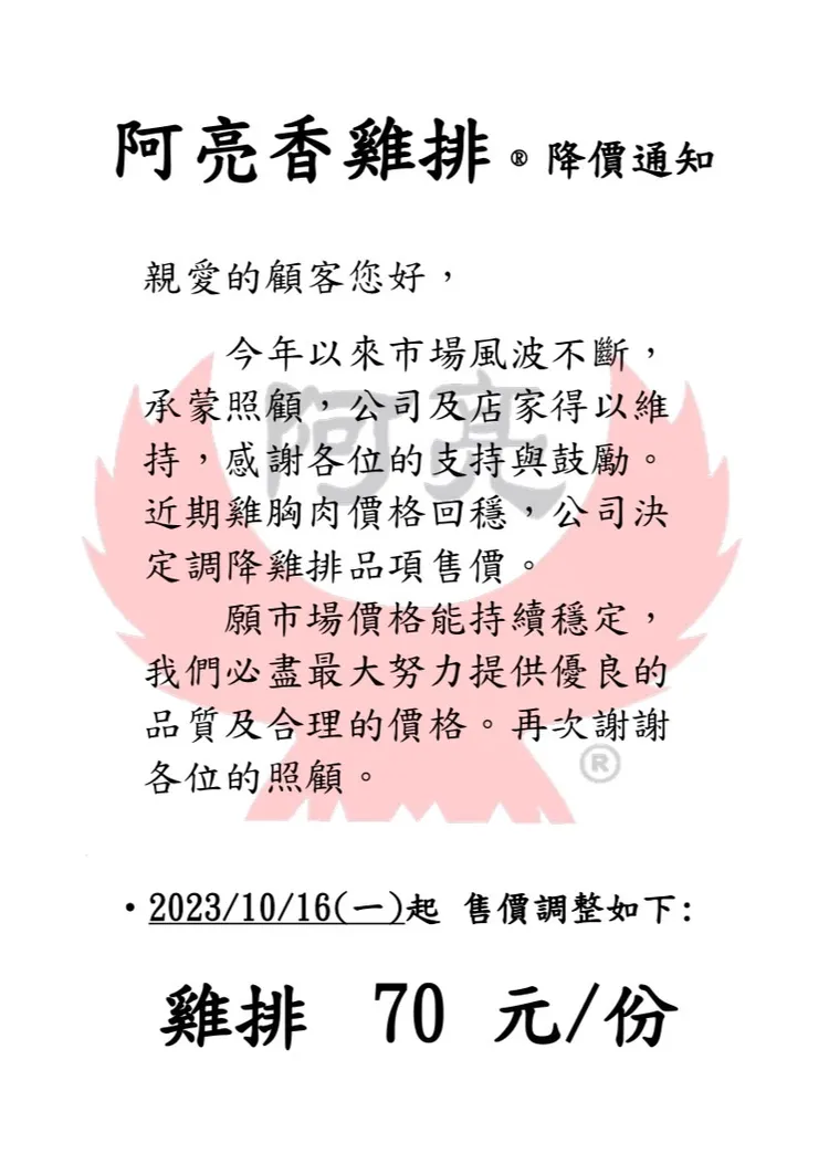 「雞胸肉價格回穩」雞排連鎖店公告降價。翻攝臉書「阿亮香雞排」