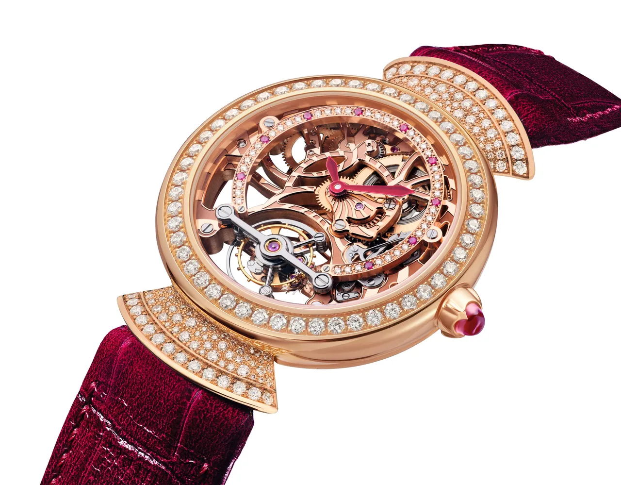 Divas' Dream光之陀飛輪珠寶腕錶，37mm，玫瑰金錶殼，鏤空錶面，勃根地紅色鱷魚皮錶帶，BVL 208 SK手動上鍊鏤空陀飛輪機芯，動力儲存64小時，防水深度30米。品牌提供