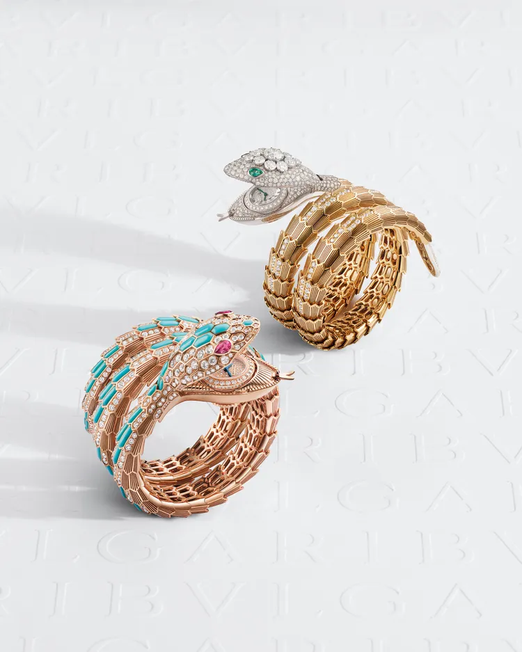 Serpenti Misteriosi頂級珠寶神秘腕錶綠松石與鑽石款、鑽石款。品牌提供