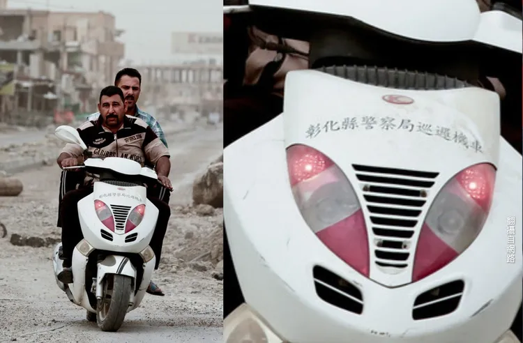 伊拉克軍人騎乘彰化警察局巡邏機車。翻攝自臉書爆廢公社