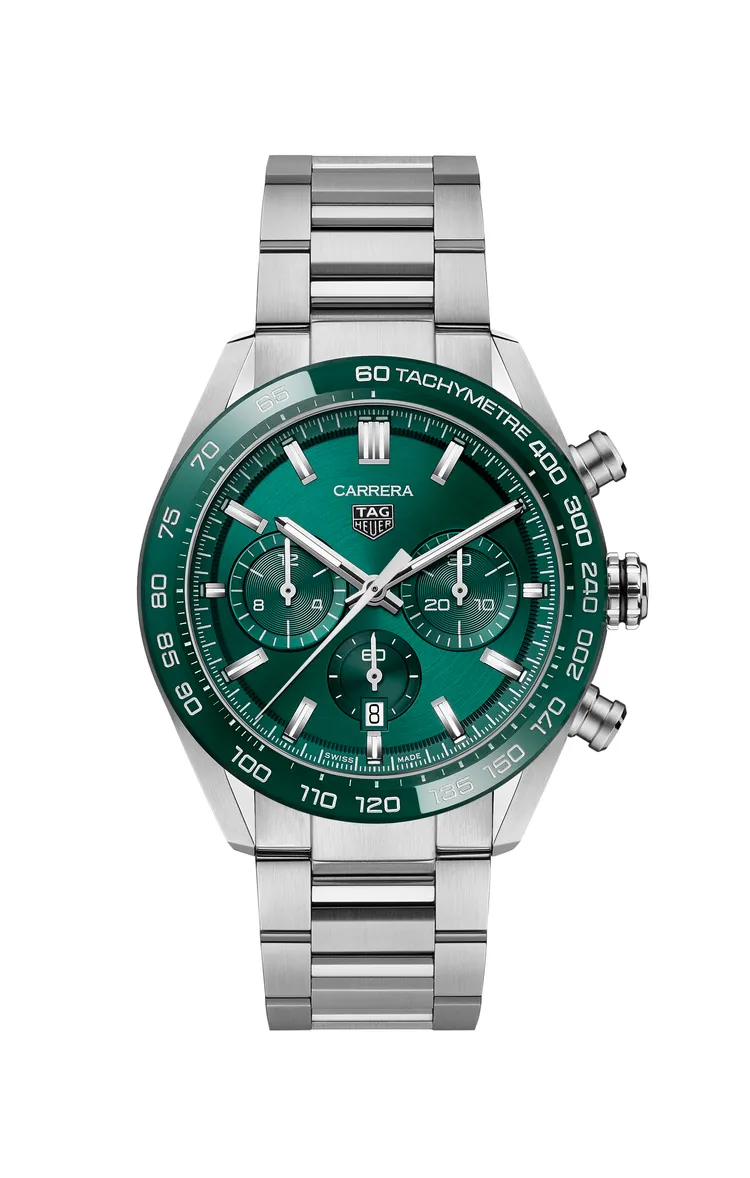 TAG Heuer Carrera計時腕錶綠面鋼帶款，20萬8600元。品牌提供