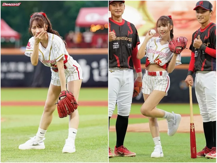 開球「挖地瓜」，三上悠亞尷尬笑場。翻攝自味全龍臉書