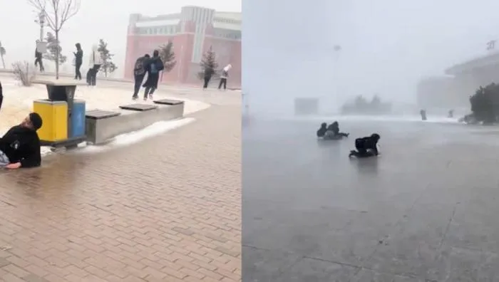 網傳影片顯示黑龍江民眾在風雪中寸步難行、頻頻摔倒。影片截圖