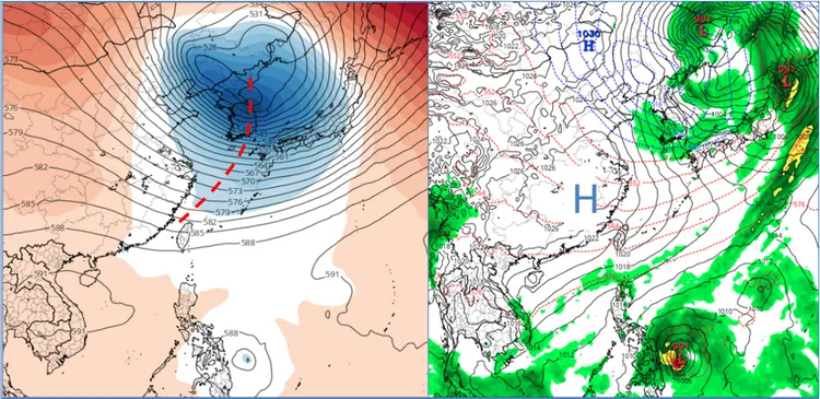 最新(10日20時)歐洲(ECMWF)模式，下週五(17日)20時500百帕模擬圖顯示，槽線之後冷空氣南下(左圖)。同時的地面模擬圖顯示，大陸高壓籠罩，各地晴朗穩定(右圖)。熱帶擾動在菲律賓南部近海發展。(圖擷自tropical tidbits)取自氣象應用推廣基金會