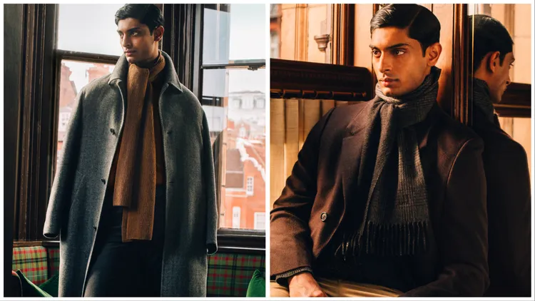 大衣以煙草色、炭灰色的魚骨紋理打造出穩重卻不失層次的細節。品牌提供