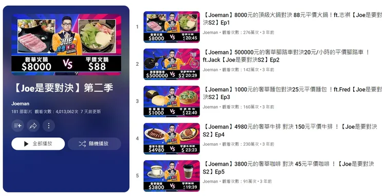Joeman的YT節目「Joe是要對決」系列相當受到粉絲喜愛。翻攝自YT頻道Joeman