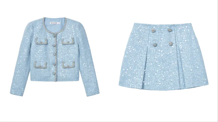 亮片鑽飾毛呢夾克2萬6800元、亮片鑽飾毛呢短裙1萬4800元。品牌提供