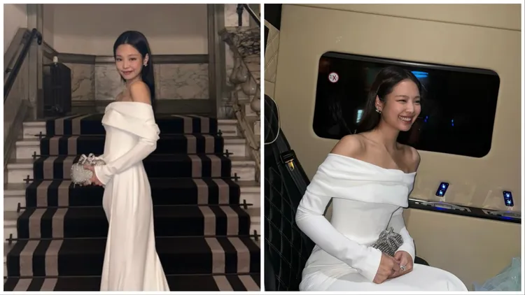 Jennie搭配Self-Portrait SS24早春系列的銀色鑽飾手拿包。翻攝Jennie IG