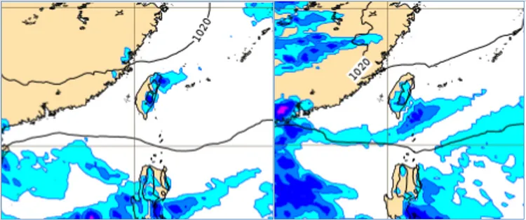 最新(5日20時)歐洲(ECMWF)模式，6日20時地面模擬圖顯示，東北風南下、6日傍晚起北台灣有少量降雨(左圖)；7日20時的地面模擬圖則顯示，7日白天起水氣逐漸減少，大台北、東半部降雨機率依序降低(右圖)。翻攝自氣象應用推廣基金會