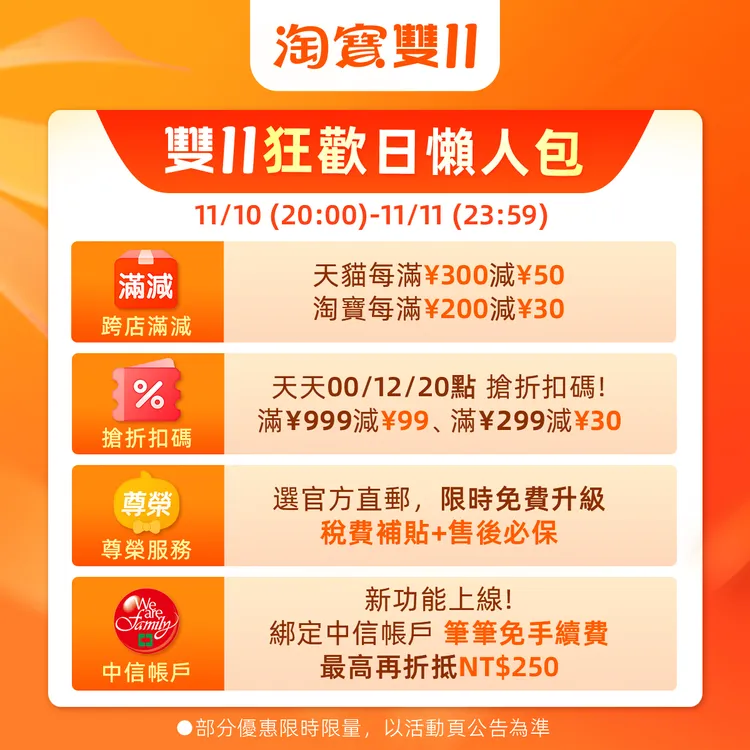 淘寶雙11狂歡日懶人包內容。業者提供
