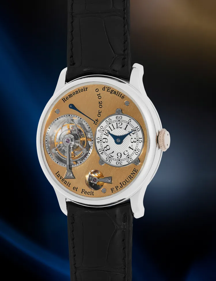 F.P. Journe Tourbillon Souverain腕錶，估價美金50萬元至100萬元（約台幣1617萬至3234萬元）。富藝斯提供