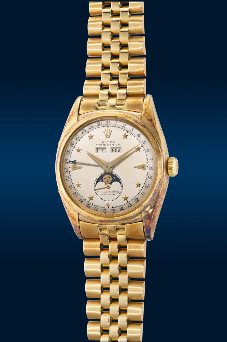 勞力士（Rolex）型號6062 Stelline古董黃金腕錶，估價港幣550萬至1100萬元（約台幣2277萬至4554萬元）。富藝斯提供