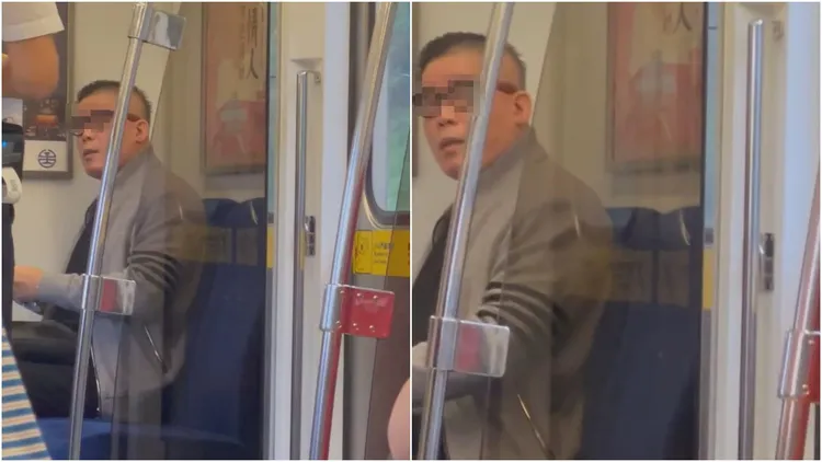 眼鏡男猛瞪列車長後(左)，疑似發現有人在拍攝(右)，至此影片結束。翻攝自臉書「爆料公社」