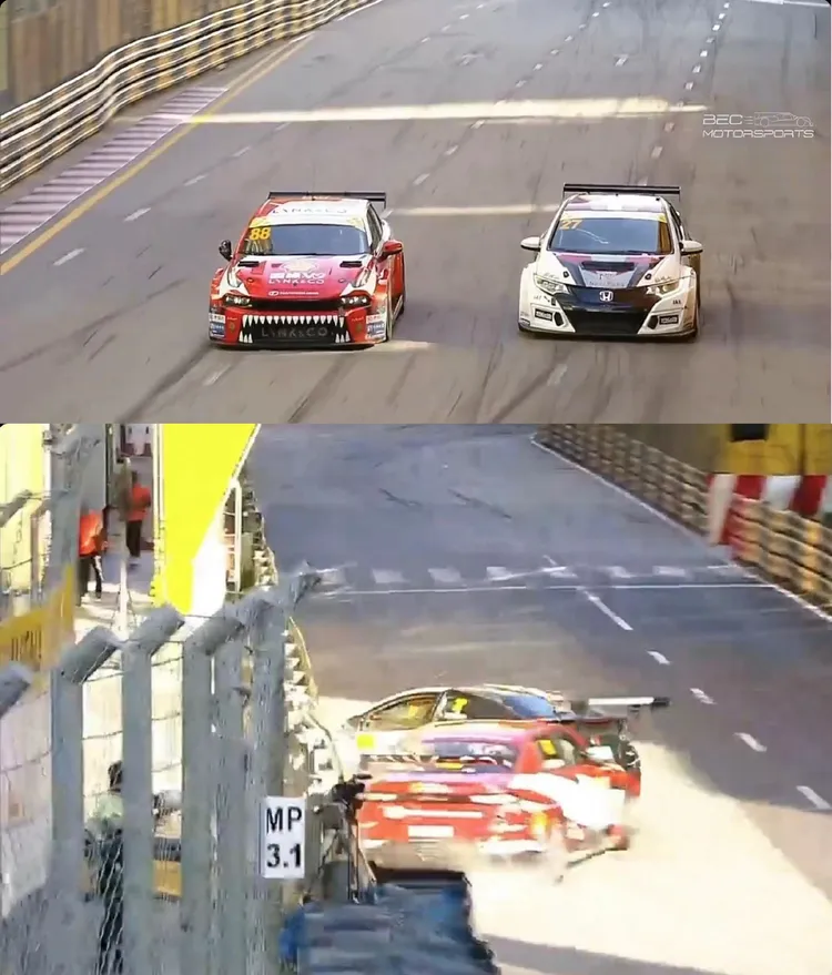 郭富城駕駛的88號戰車過彎時失控甩尾，撞上另一香港車手的27號戰車。翻攝直播畫面