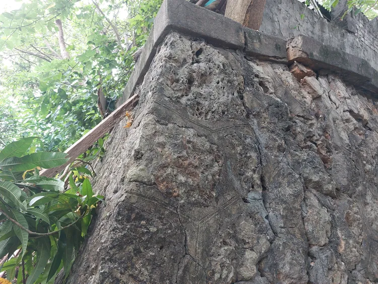 古道平台石頭縫隙之間，工匠用灰泥接合，還用線條畫出石頭疊砌的感覺。凃建豐攝