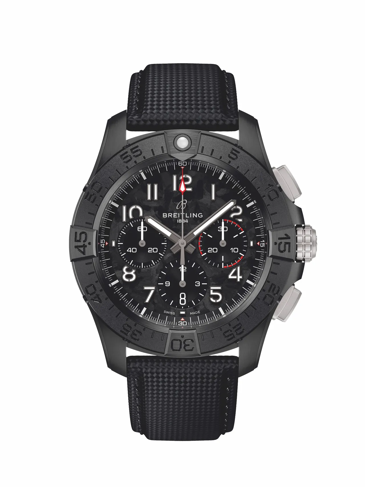 Avenger B01 Chronograph 44 Night Mission復仇者夜間任務計時腕錶全黑款,44mm,黑色陶瓷錶殼,碳纖維錶面、鈦金屬折疊穿釦軍用皮革錶帶,百年靈自製01機芯,動力儲存70小時,防水深度300米,27萬元。品牌提供