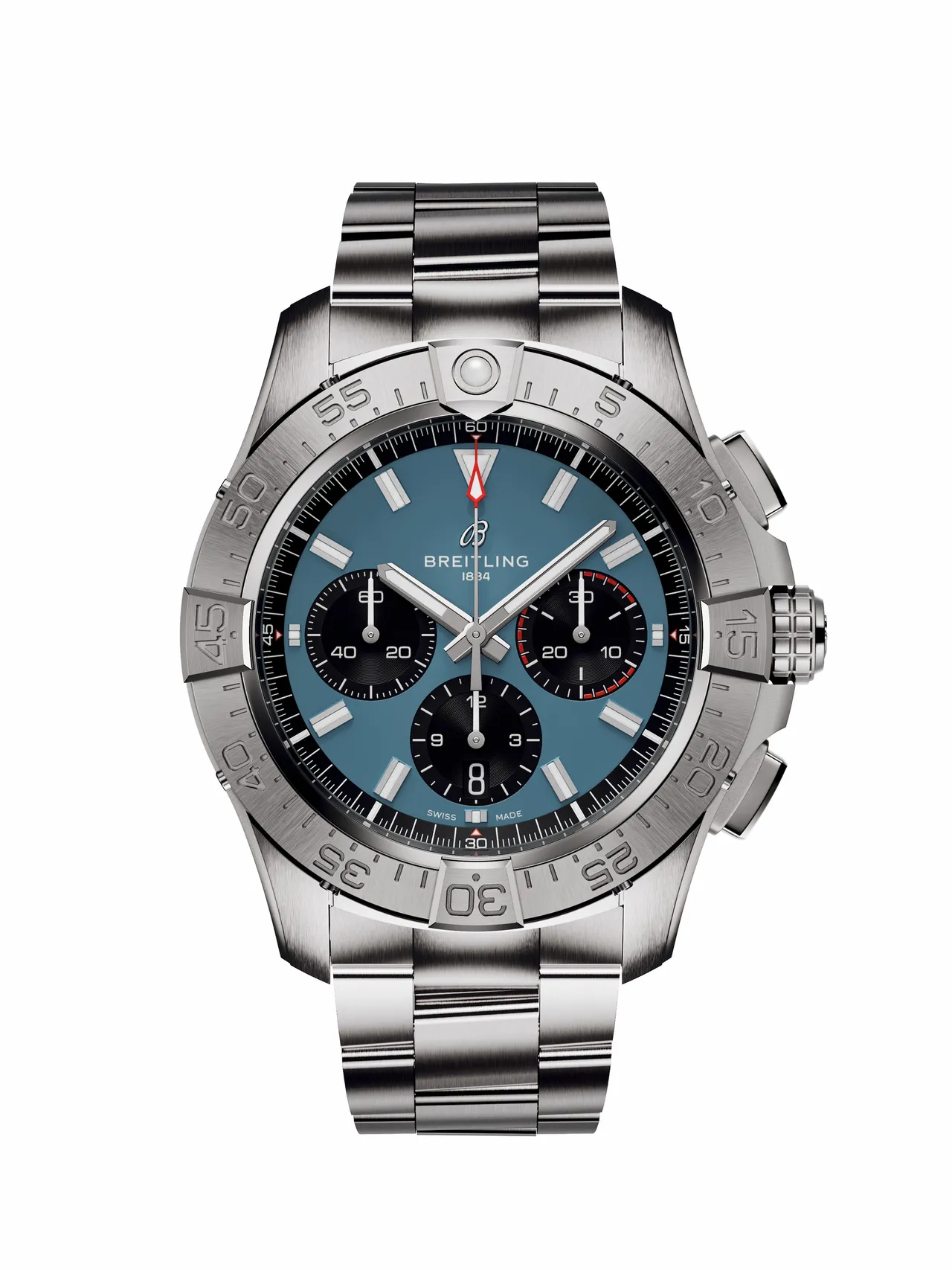 Avenger B01 Chronograph 44復仇者計時腕錶,44mm,精鋼錶殼,折疊穿釦軍用皮革錶帶或摺疊釦精鋼錶鍊,百年靈自製01機芯,動力儲存70小時,防水深度300米,23萬5000元。品牌提供