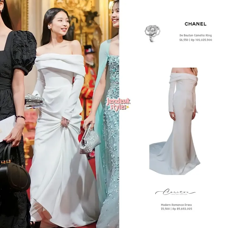 Jennie身著Corston白色禮服搭配香奈兒戒指。翻攝jendeukiestyles IG