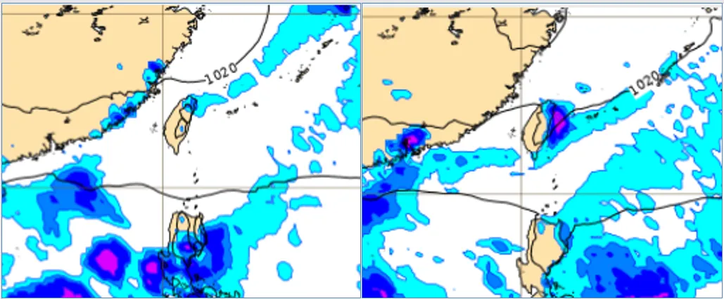 最新(3日20時)歐洲(ECMWF)模式,6日20時地面模擬圖顯示,東北風南下、6日傍晚起北台灣有少量降雨(左圖);7日8時的地面模擬圖則顯示,降雨範圍包括大台北及東半部(右圖)。取自氣象應用推廣基金會