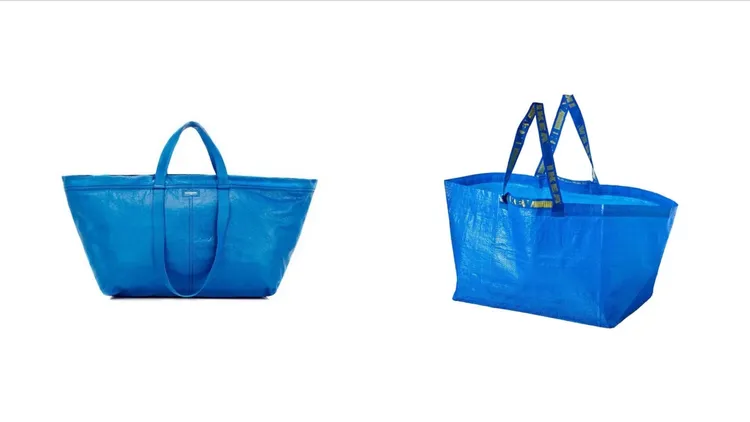 BALENCIAGA在2017年時推出的Carry Shopper小羊皮包款（左圖），被網友戲稱和IKEA的藍色尼龍購物袋（右圖）長超像，但價差超過2000倍。翻攝品牌官網
