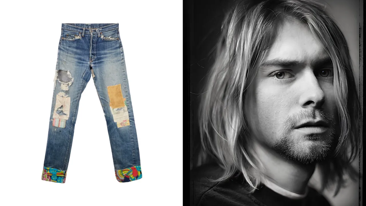 已故美國傳奇歌手Kurt Cobain穿過的Levi’s牛仔褲，在Julien’s Auctions拍賣會上拍出寫紀錄的1306萬高價。左圖翻攝Julien’s Auctions官網、右圖翻攝維基百科