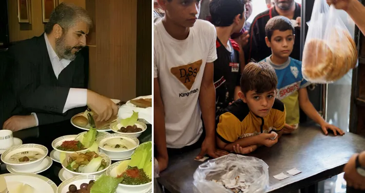 為了哈瑪斯的發展，領袖必須吃好一點（左圖，翻攝NEW YORK POST）；加薩民眾陷入糧食危機。右圖，路透社