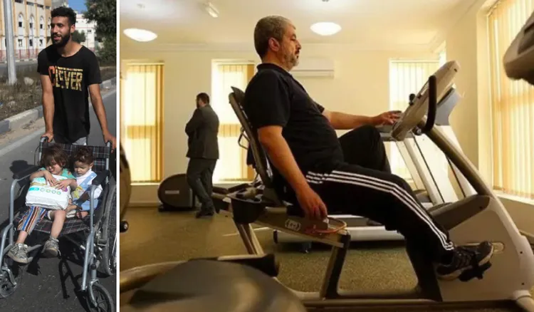 為了哈瑪斯的發展，領袖必須減肥健身，保持健康（右圖，翻攝NEW YORK POST）；加薩一名爸爸則是用輪椅推著2個小孩逃難。左圖，路透社
