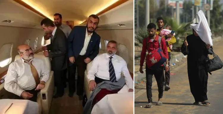 為了哈瑪斯的發展，領袖哈尼雅坐私人飛機也是不得已的。（左圖右一，翻攝NEW YORK POST）；加薩民眾則以步行逃難。右圖，路透社