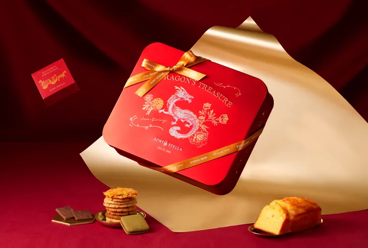 「龍韻新春」為Aunt Stella 詩特莉與陽光基金會合作之公益禮盒，於新春佳節為收禮人獻上暖心祝福。業者提供