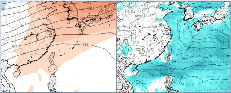 最新(31日20時)歐洲(ECMWF)模式，4日20時500百帕模擬圖顯示，中層太平洋高壓籠罩(左圖)；同時的地面模擬圖則顯示，轉為東南風(右圖)；為「秋老虎」型態。取自氣象應用推廣基金會